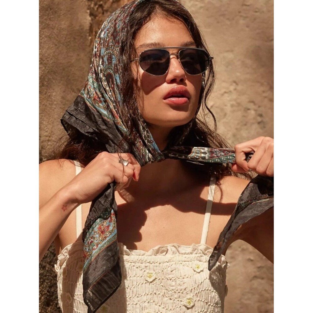 Free People So Silk Printed Bandana Scarf Tube Top Belt Black FloralPaisley Wrap